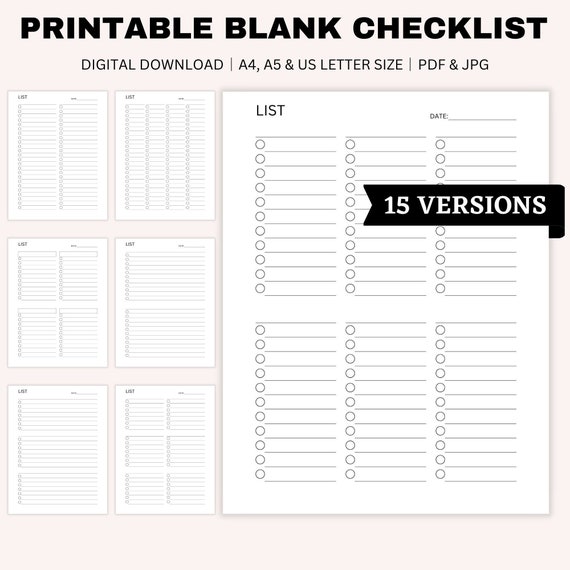 Printable Blank Checklist Template, To Do List, Daily Planner, Minimalist Checklist, Shopping List, Chore Checklist, A4, A5, US Letter Size