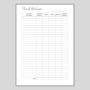 May include: A blank trial balance spreadsheet with columns for account description, opening balance, debit, credit, movement, and closing balance. The spreadsheet has a total row at the bottom.