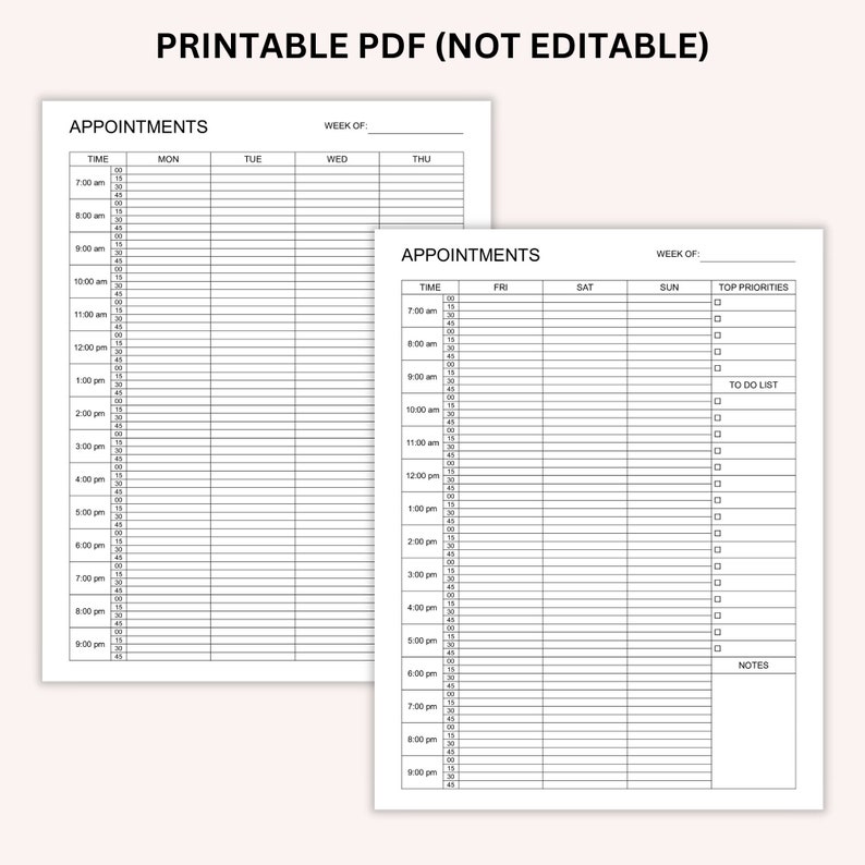 Op de afbeelding: Printbare weekplanner met twee pagina's. De linker pagina heeft een dagelijks schema van 7:00 uur tot 21:00 uur voor maandag tot en met donderdag. De rechter pagina heeft een dagelijks schema van 7:00 uur tot 21:00 uur voor vrijdag, zaterdag en zondag. Het bevat ook secties voor topprioriteiten, een to-dolijst en notities.