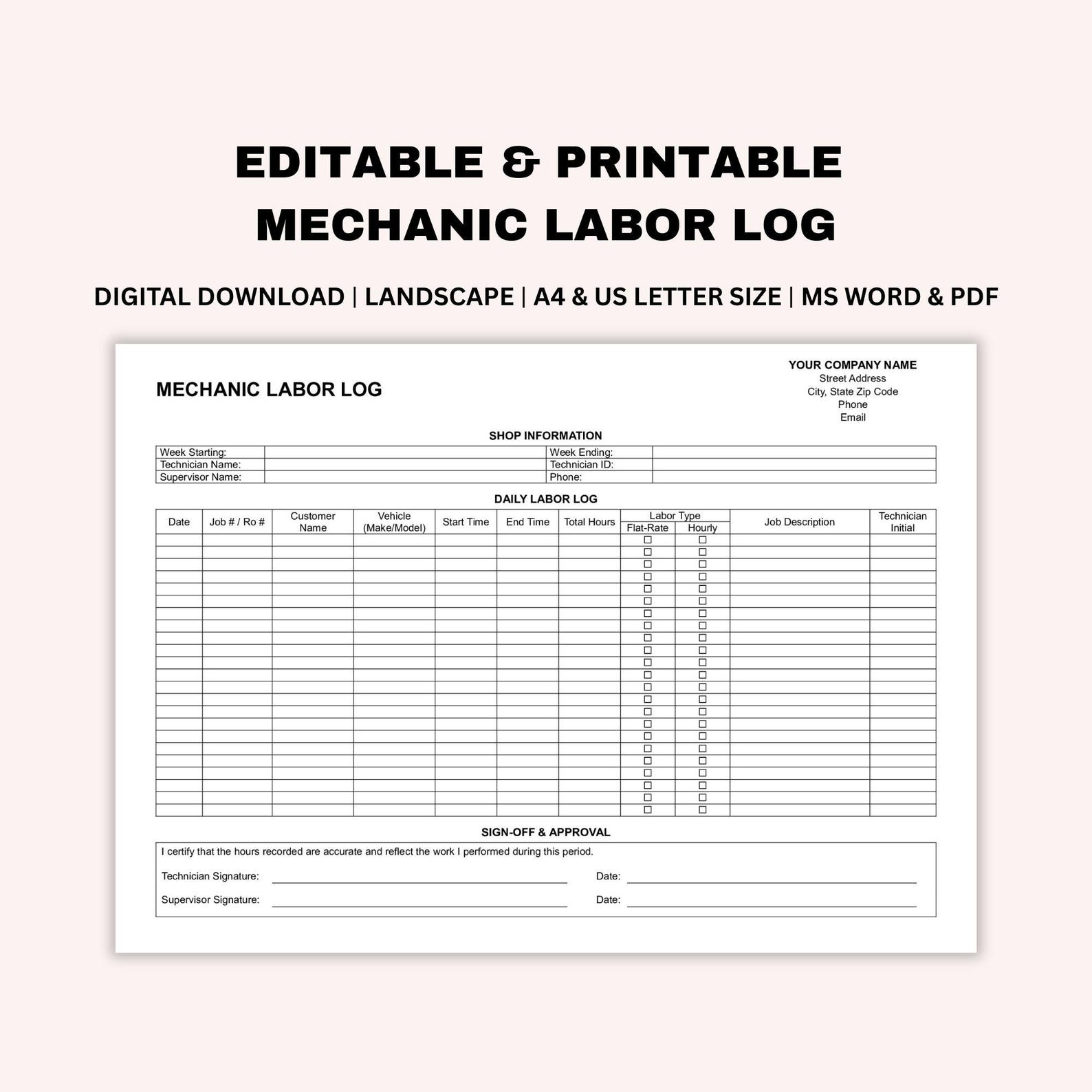 Mechanic Report.pdf Editable Mechanic Labor Log, Printable Auto Shop Work Tracker, Garage ...