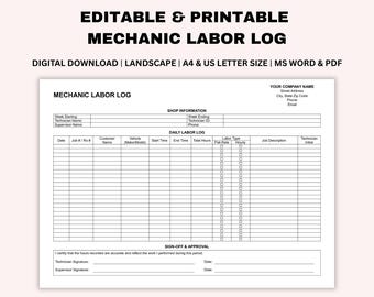 Editable Mechanic Labor Log, Printable Auto Shop Work Tracker, Garage Timesheet, Vehicle Service Record, Word, PDF, A4, US Letter