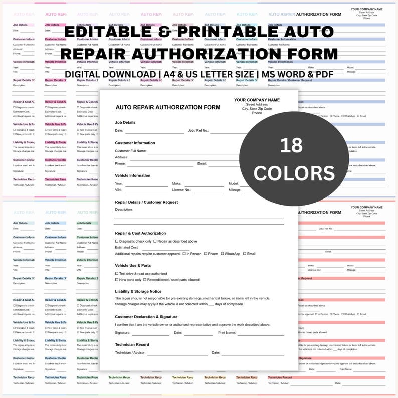 Editable Auto Repair Authorization Form, Printable Mechanic Work ...