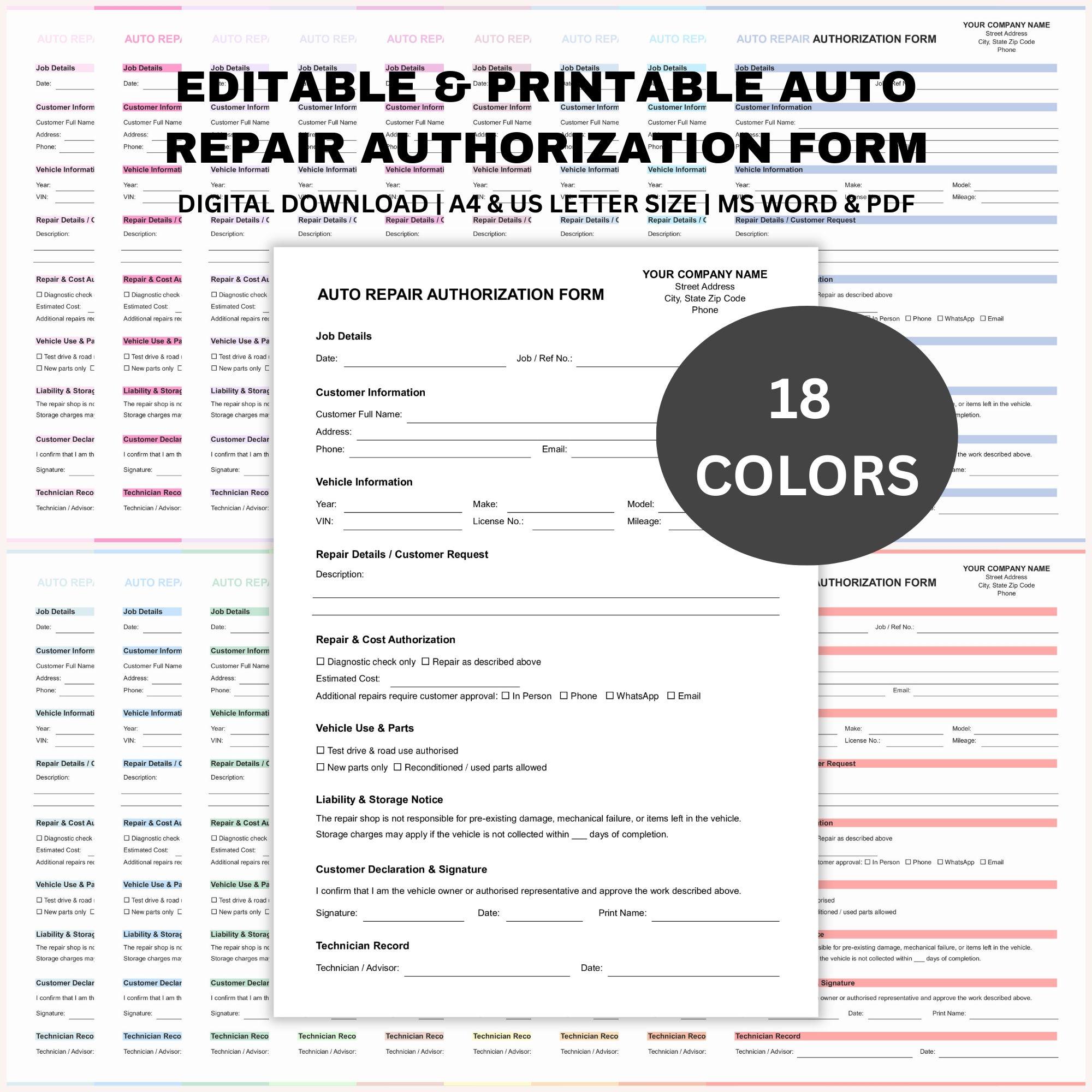 Editable Auto Repair Authorization Form, Printable Mechanic Work ...