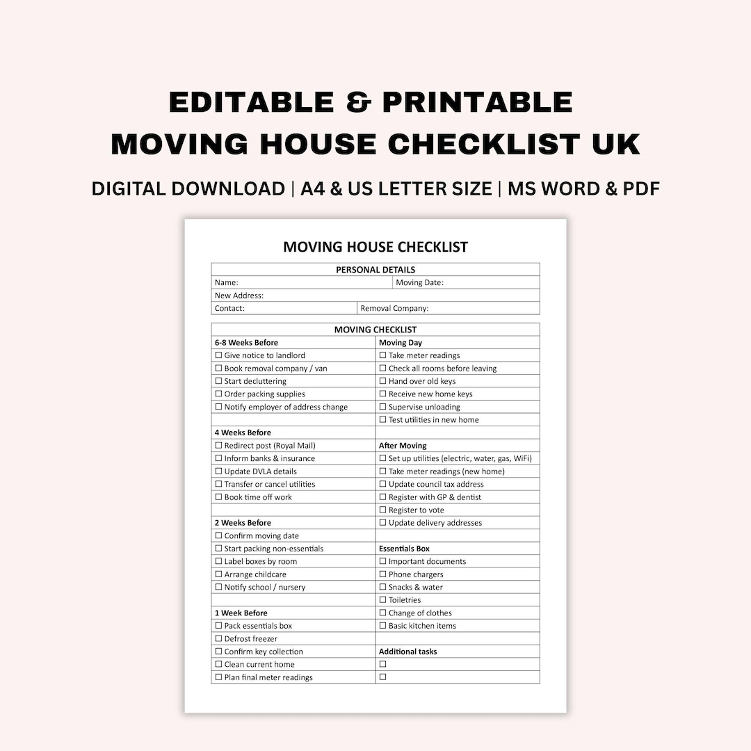 Editable Moving House Checklist UK, Printable Home Moving Planner ...