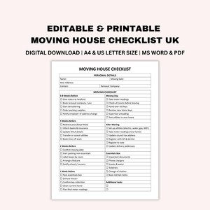 May include: A printable moving house checklist in black text on a white background. The checklist is for the UK and includes sections for personal details, moving checklist, and essential box items. The document is available as a digital download.