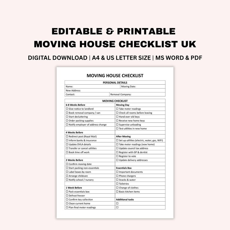 Editable Moving House Checklist UK, Printable Home Moving Planner