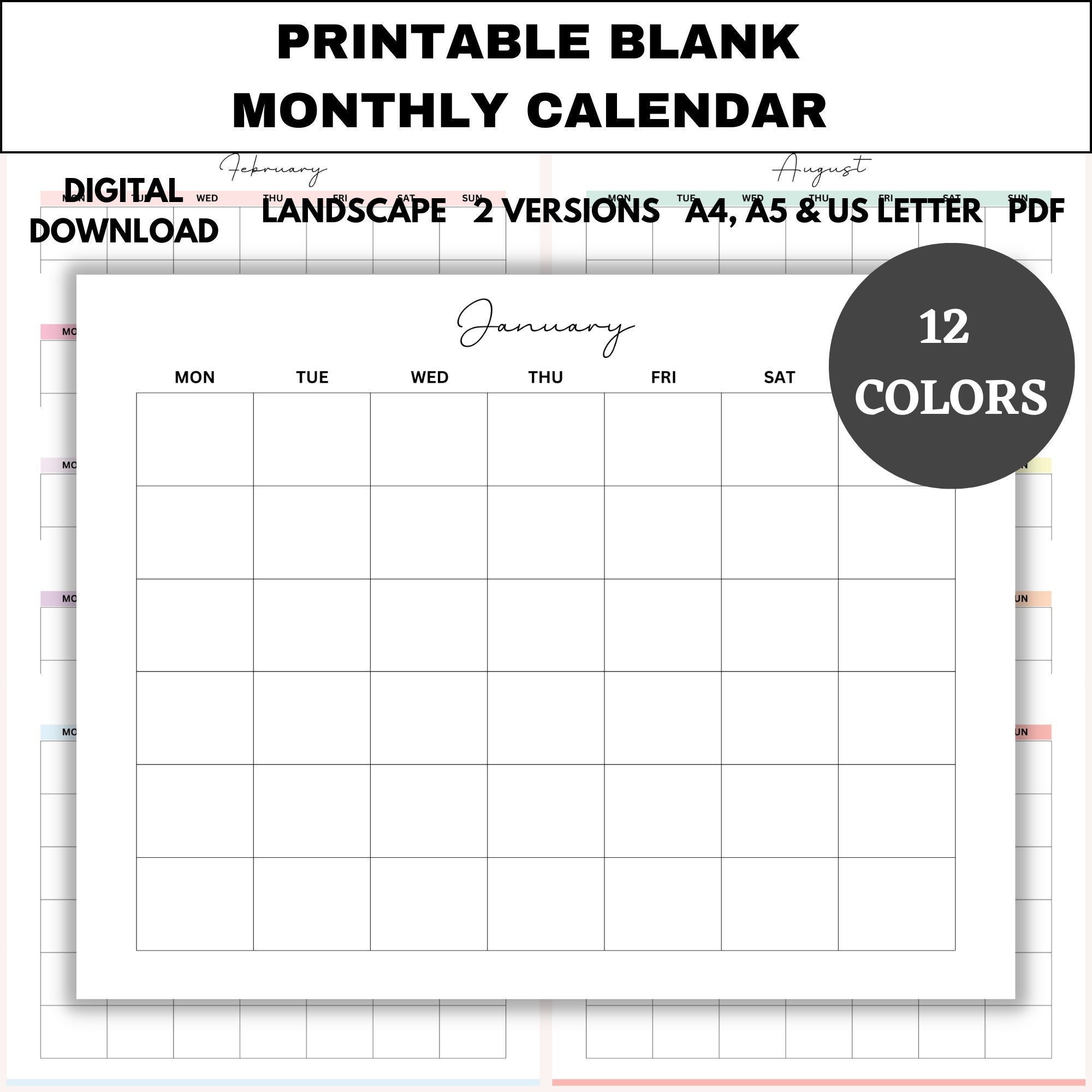 Printable Blank Monthly Calendar, Undated Calendar, Minimalist Planner ...