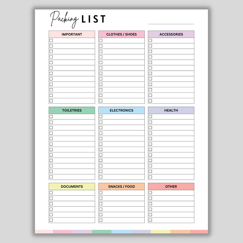 Printable Packing List Blank Packing List Vacation Packing List