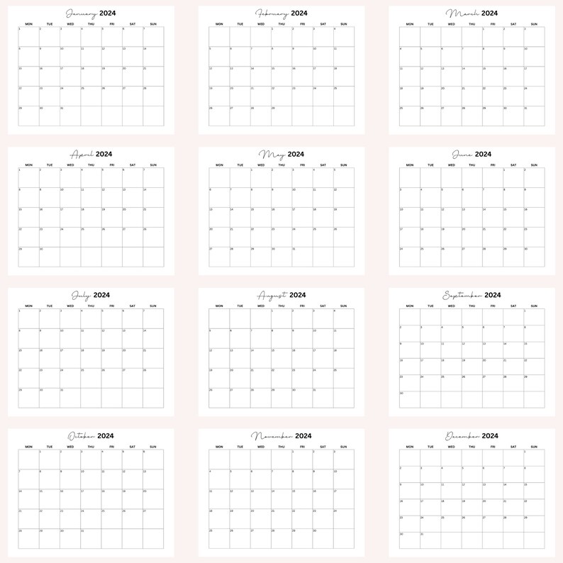 Printable 2024 Monthly Calendar Landscape, Year Calendar, Minimalist