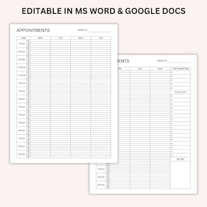 Op de afbeelding: Een printbare weekplanner met secties voor afspraken, topprioriteiten, takenlijst en notities. De planner is ontworpen om te worden gebruikt in Microsoft Word of Google Docs.