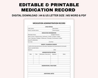 Mediation Applikationsdatensatz (MAR) Form bearbeitbar, Medizinlogbuch für Kinderpflege druckbar, Tagespflege-Medizin-Tracker, Word, Pdf, A4, US Letter