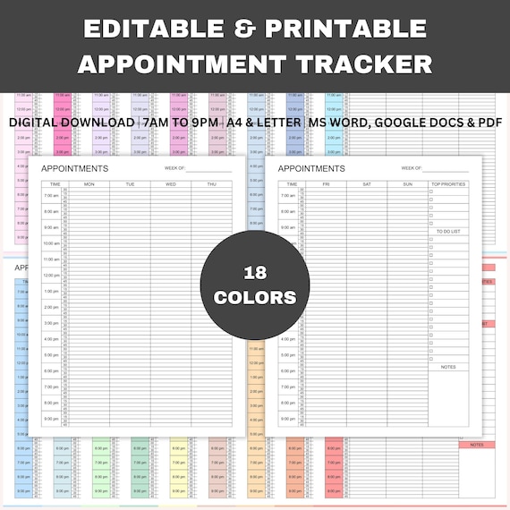 Editable Appointment Tracker, Printable 15 Minute Interval Appointment Planner, Meeting Log, Small Business, Word, GDocs, PDF, A4, Letter