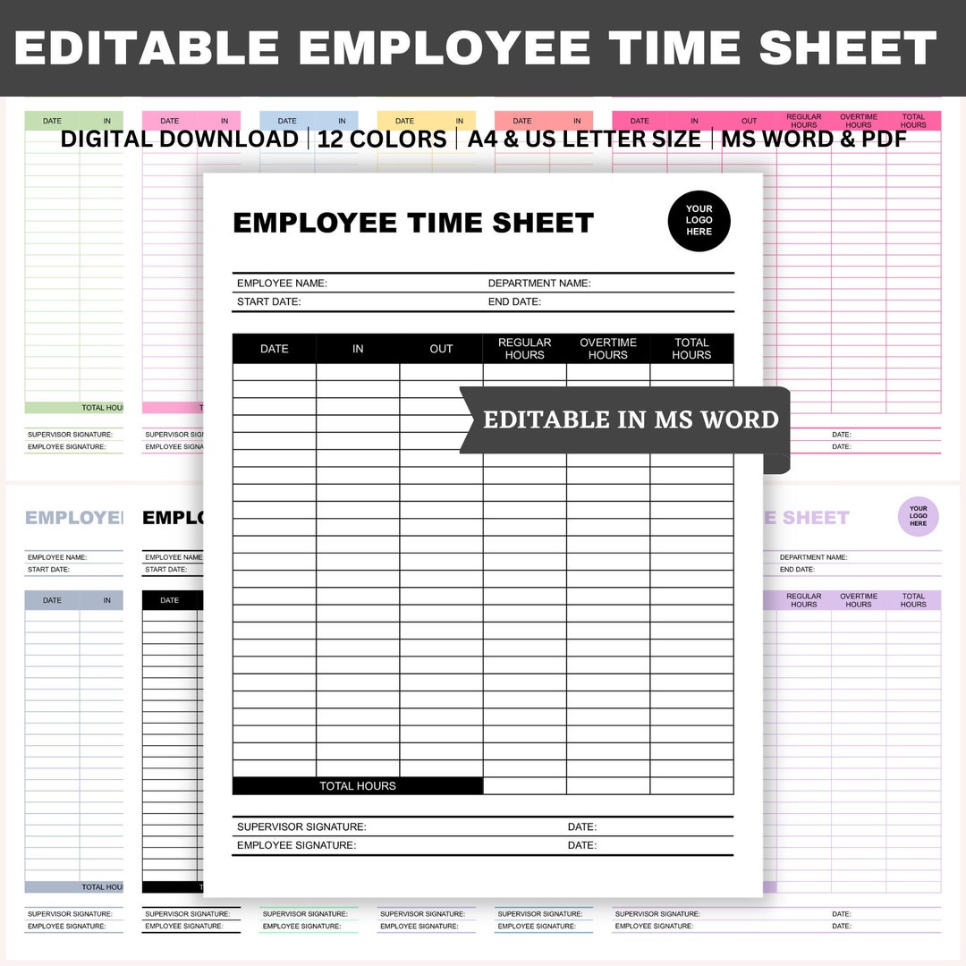 Editable Employee Time Sheet, Clock in & Out Sheet, Time Card, Work Log, Small Business Template