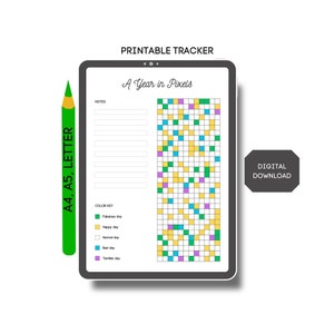 A Year in Pixels, Minimalist Planner, Mood Tracker, Wellbeing Printable, Printable Planner Inserts, Bujo Inserts, Bullet Journal Printable