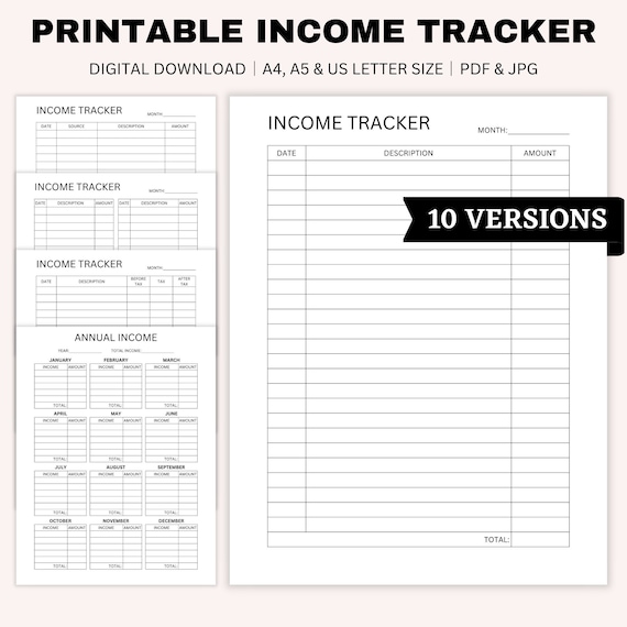 Printable Income Tracker, Money Tracker, Income Template, Income Log, Small Business, Bookkeeping, Financial Planner, A4, A5, US Letter Size