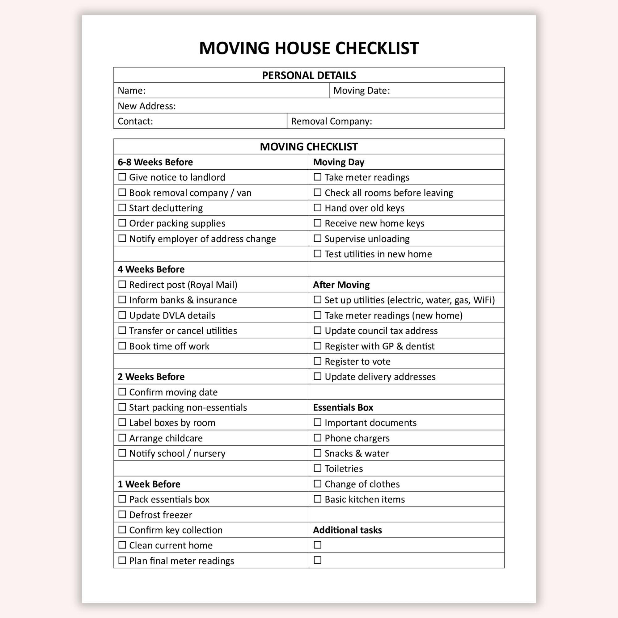 Editable Moving House Checklist UK, Printable Home Moving Planner ...