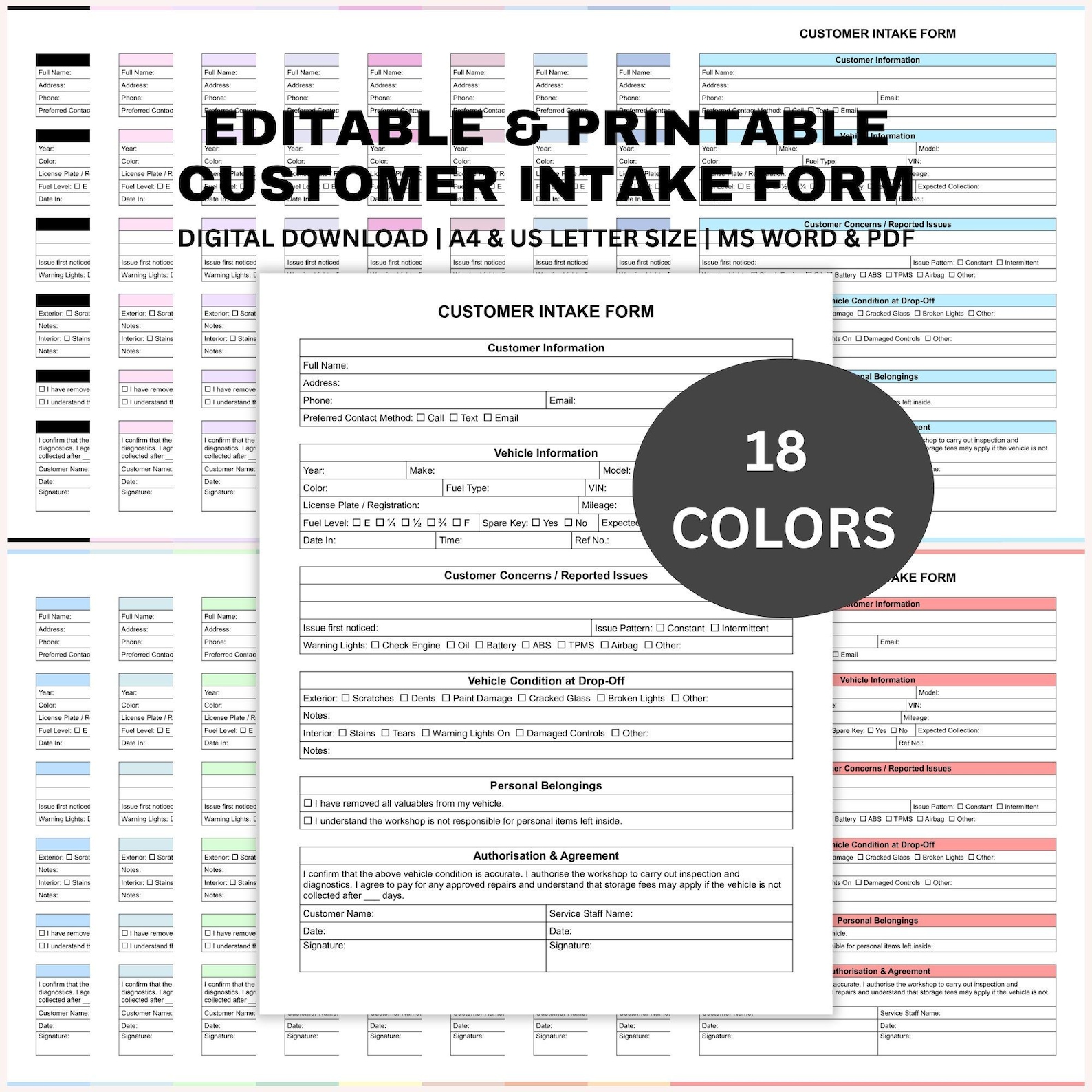 Vehicle Intake Form Pdf Editable Customer Intake Form, Printable Vehicle Check in Sheet, Garage ...