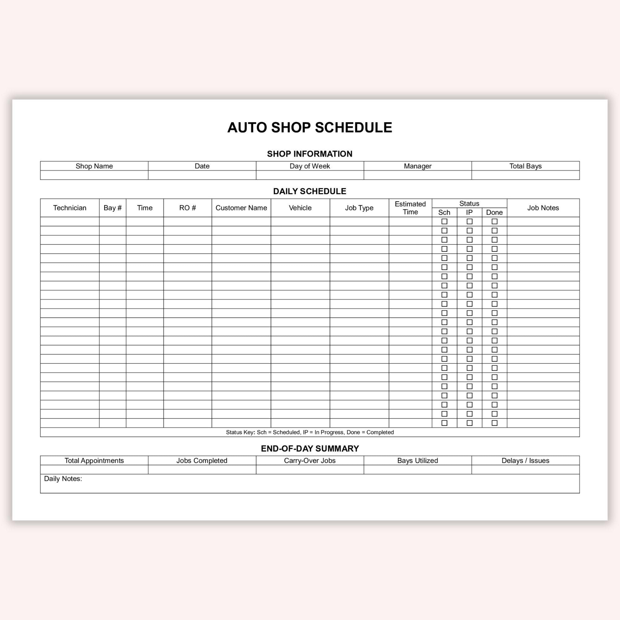 Editable Auto Shop Schedule Template, Printable Mechanic Work Log ...