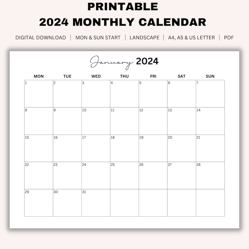 Printable 2024 Monthly Calendar Landscape, Year Calendar, Minimalist