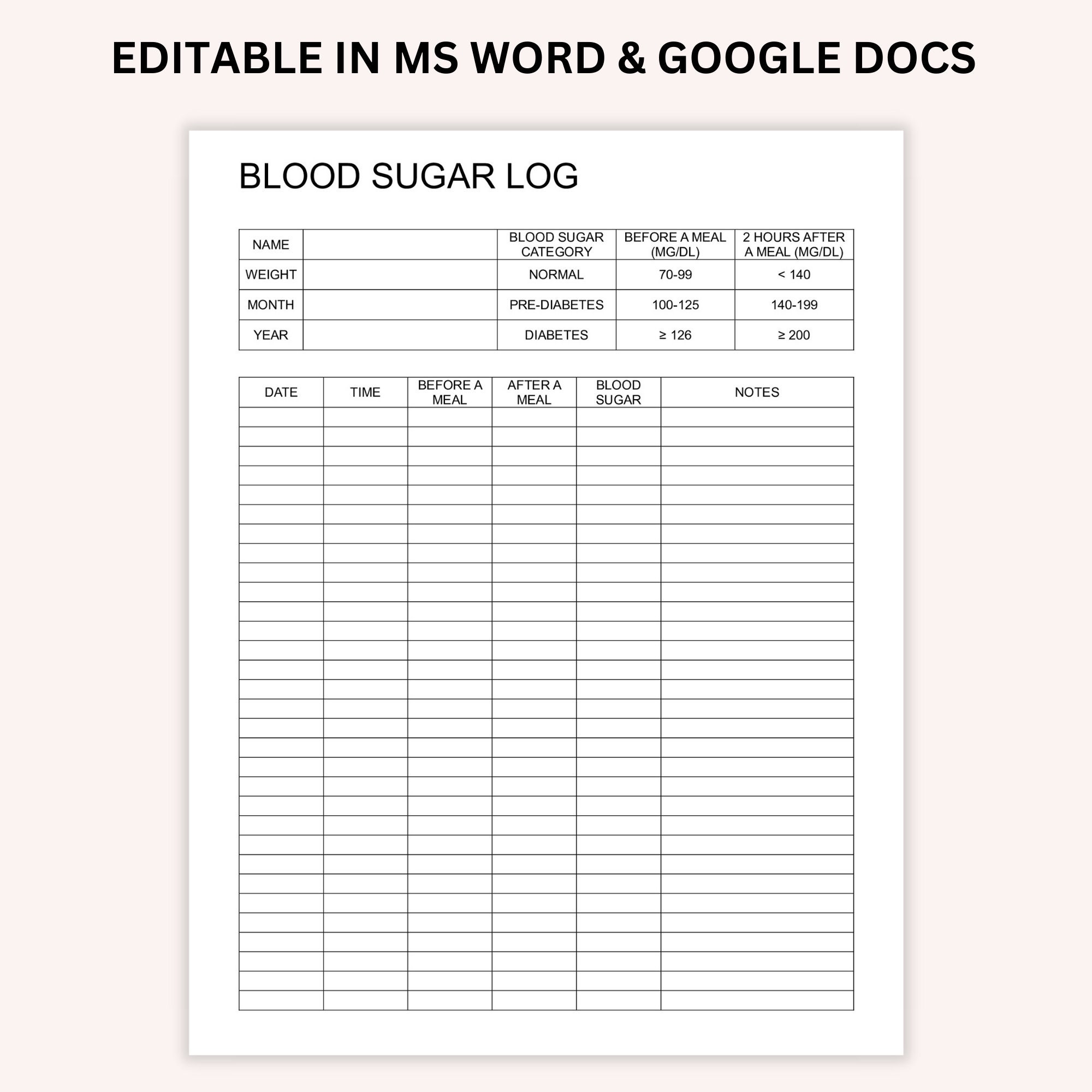 Blood Sugar Log Editable, Daily Blood Sugar Journal, Diabetes Tracking