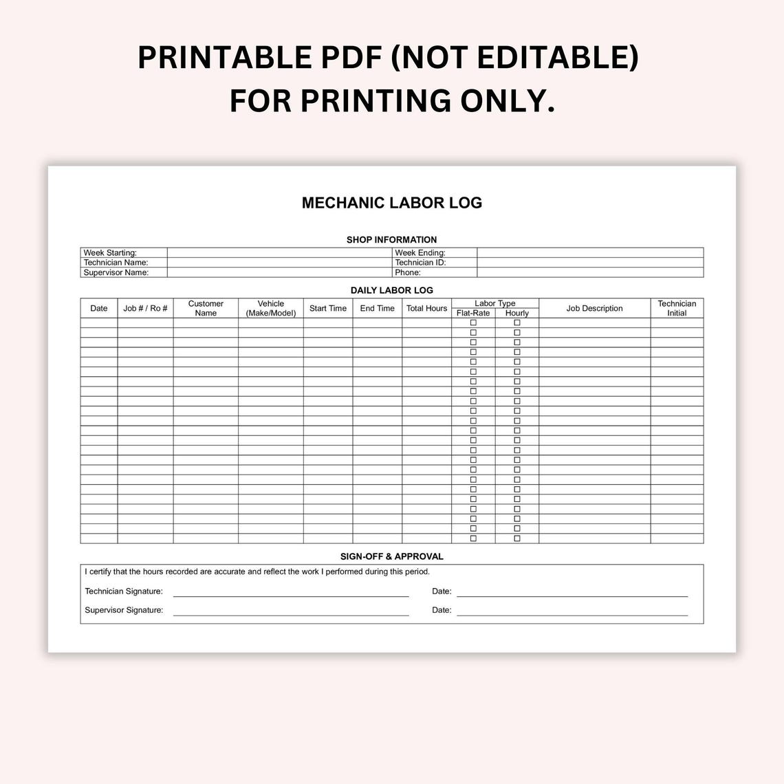 Garage Time Stamp Example Editable Mechanic Labor Log, Printable Auto Shop Work Tracker, Garage ...