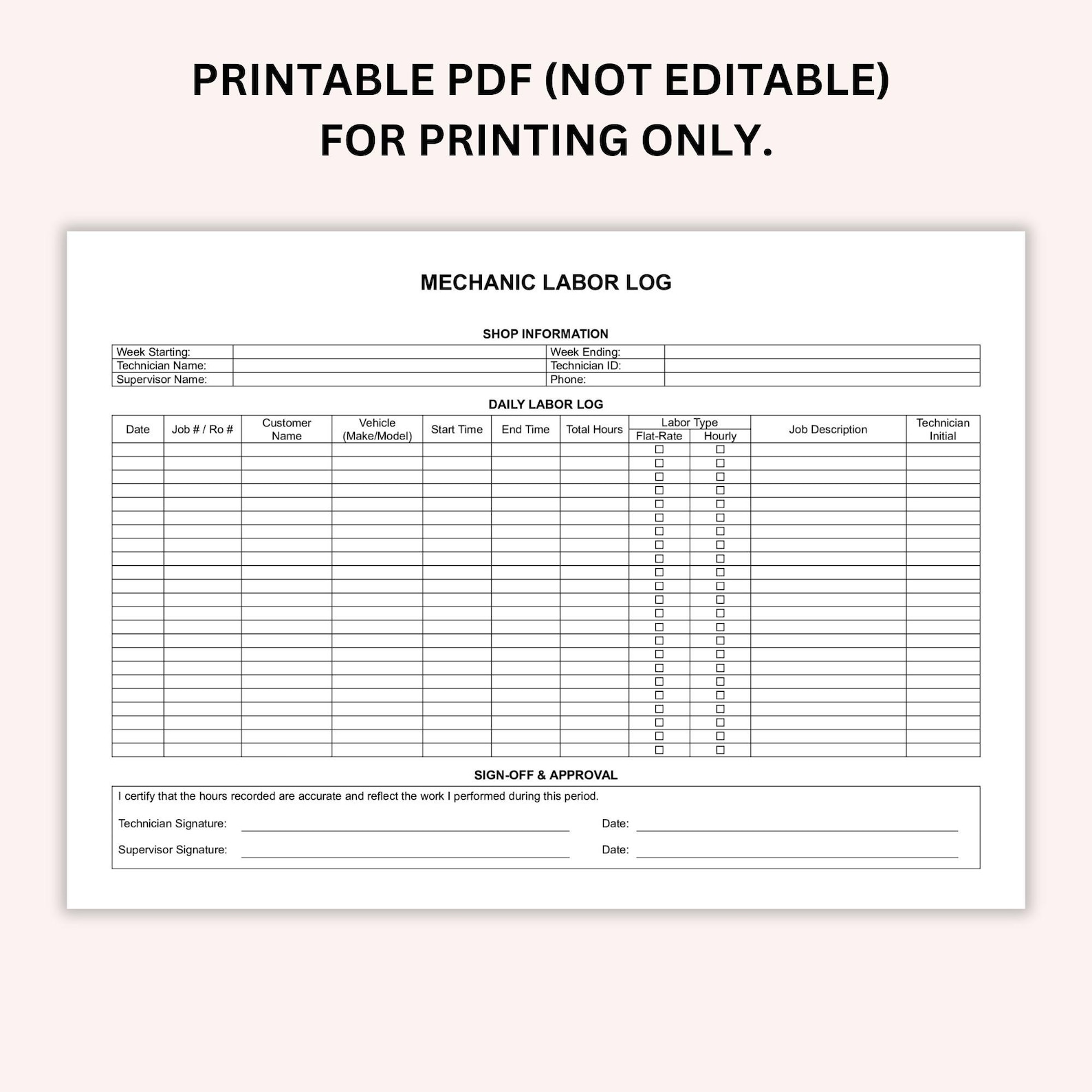 Vehcle Timesheet Editable Mechanic Labor Log, Printable Auto Shop Work Tracker, Garage ...