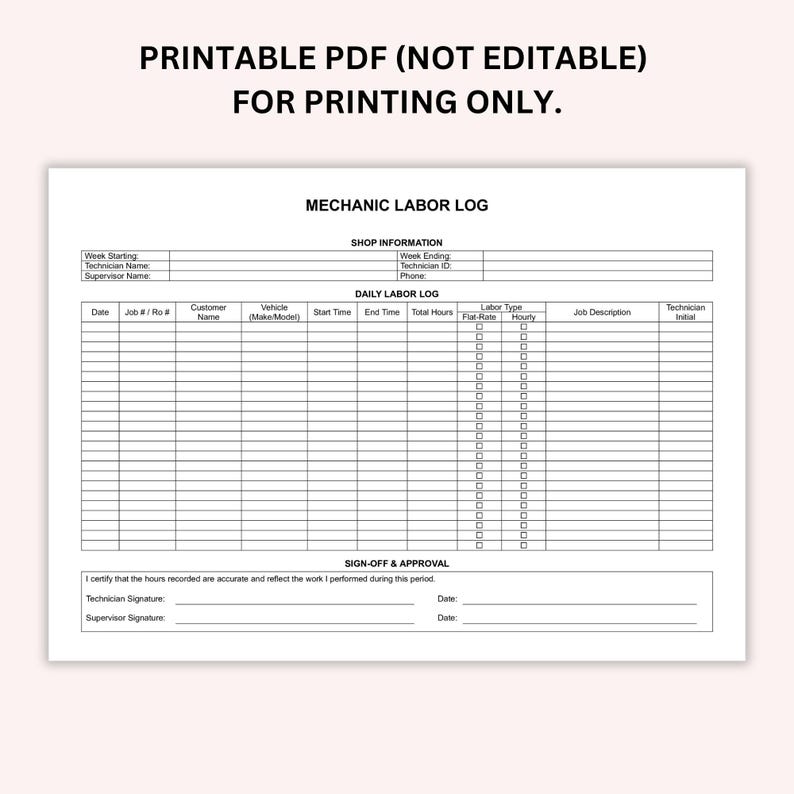 Mechanic Labor Guide Log Editable Mechanic Labor Log, Printable Auto Shop Work Tracker, Garage ...