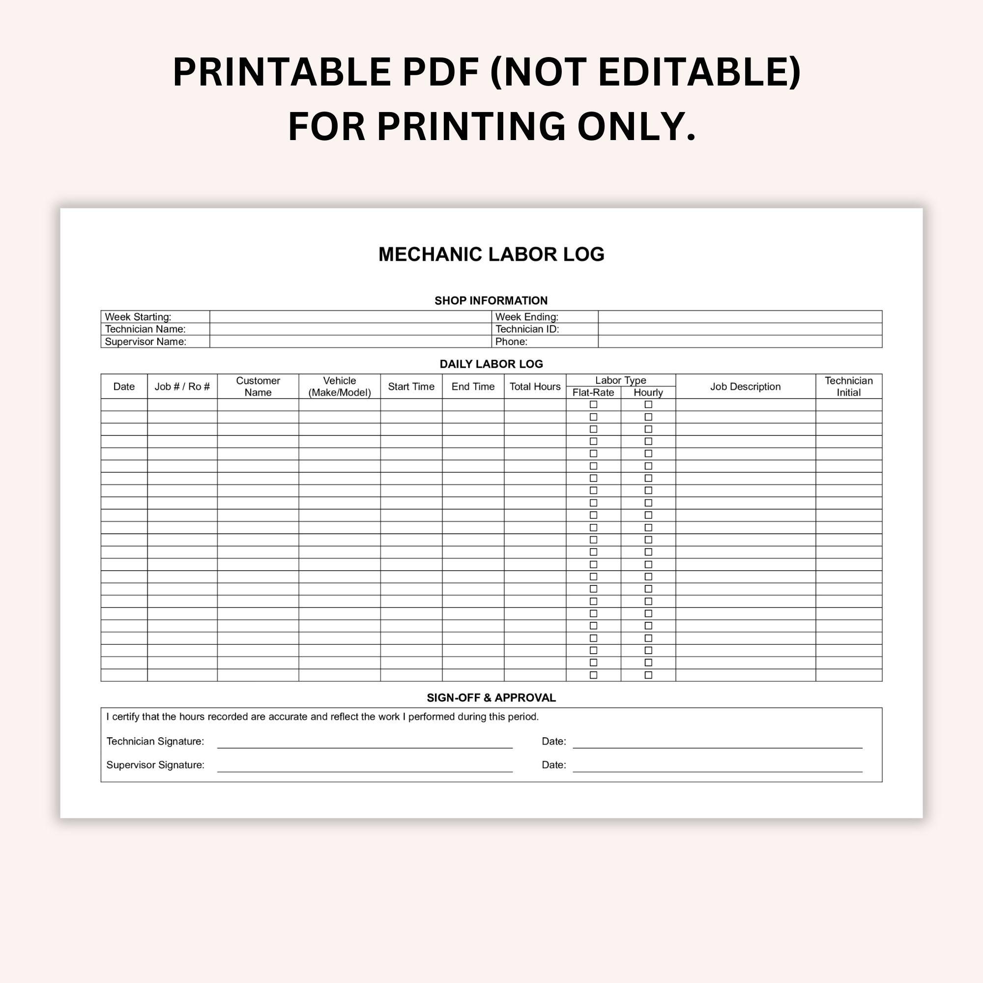 Editable Mechanic Labor Log, Printable Auto Shop Work Tracker, Garage ...