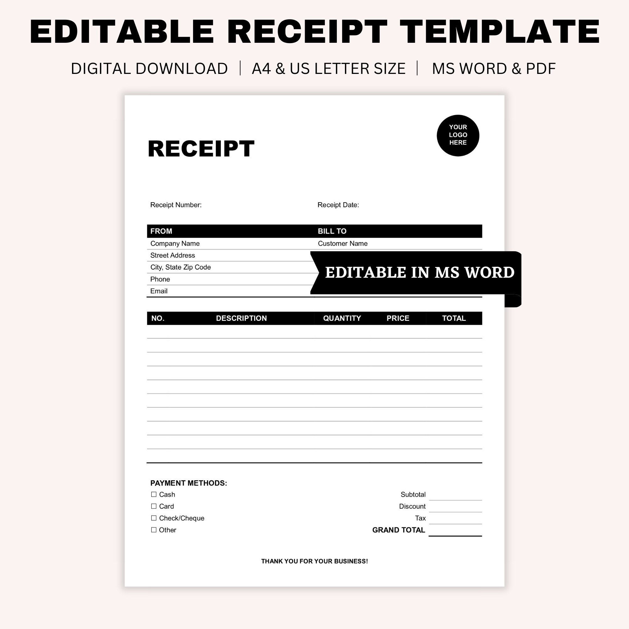 Editable Receipt Template, Business Receipt, Billing Template, Receipt Editable Receipt Template, Business Receipt, Billing Template, Receipt