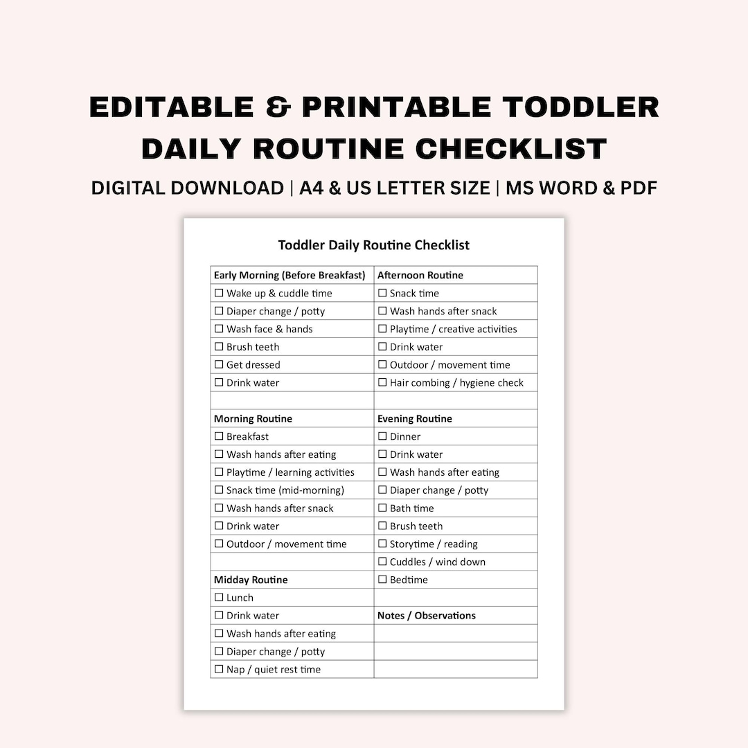 Editable Toddler Daily Routine Checklist, Printable Kids Routine Sheet ...