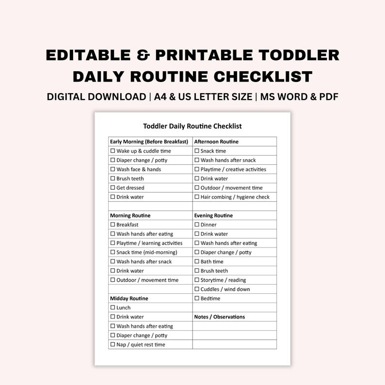 Editable Toddler Daily Routine Checklist, Printable Kids Routine Sheet ...