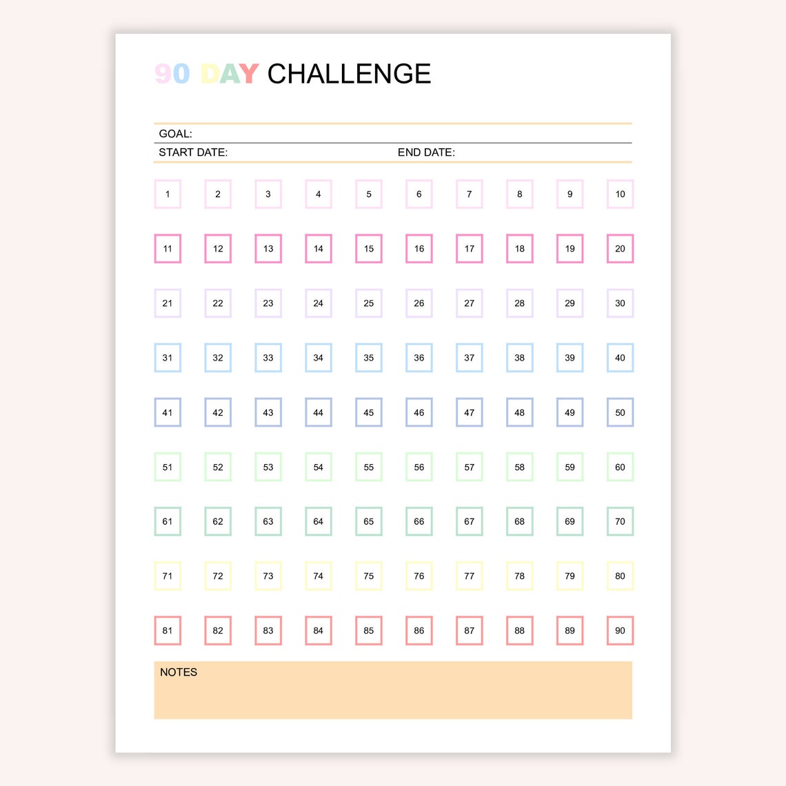 Editable 90 Day Challenge Tracker, 90 Day Goal Progress Tracker