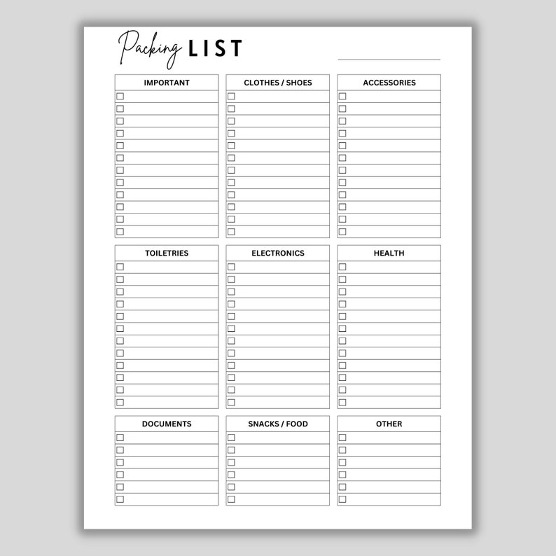 Printable Packing List, Blank Packing List, Vacation Packing List ...