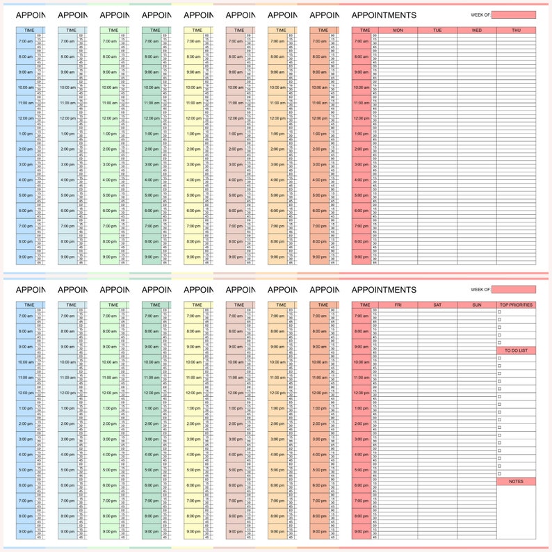 Op de afbeelding: Een weekplanner met een kleurrijk ontwerp. De planner heeft een sectie voor afspraken, een to-dolijst en een sectie voor topprioriteiten. De planner is verdeeld in dagen van de week, waarbij elke dag een kolom heeft voor afspraken en een tijdschaal van 7:00 uur tot 21:00 uur.