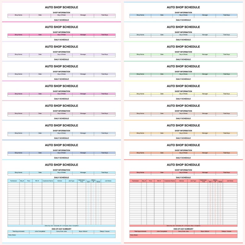 Garage Schedule Example Editable Auto Shop Schedule Template, Printable Mechanic Work Log ...