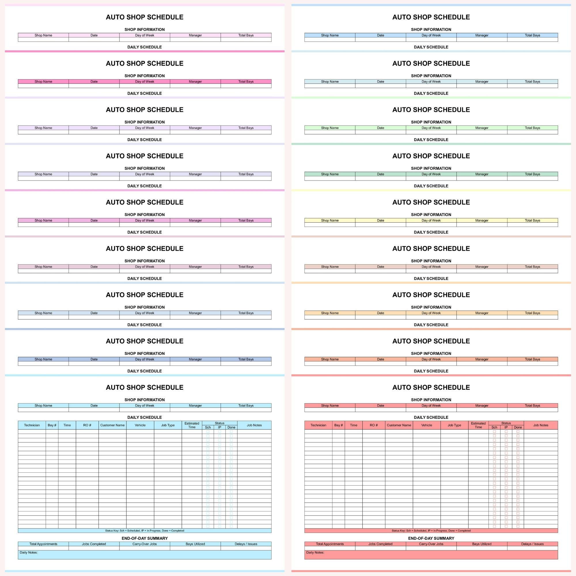 Editable Auto Shop Schedule Template, Printable Mechanic Work Log ...
