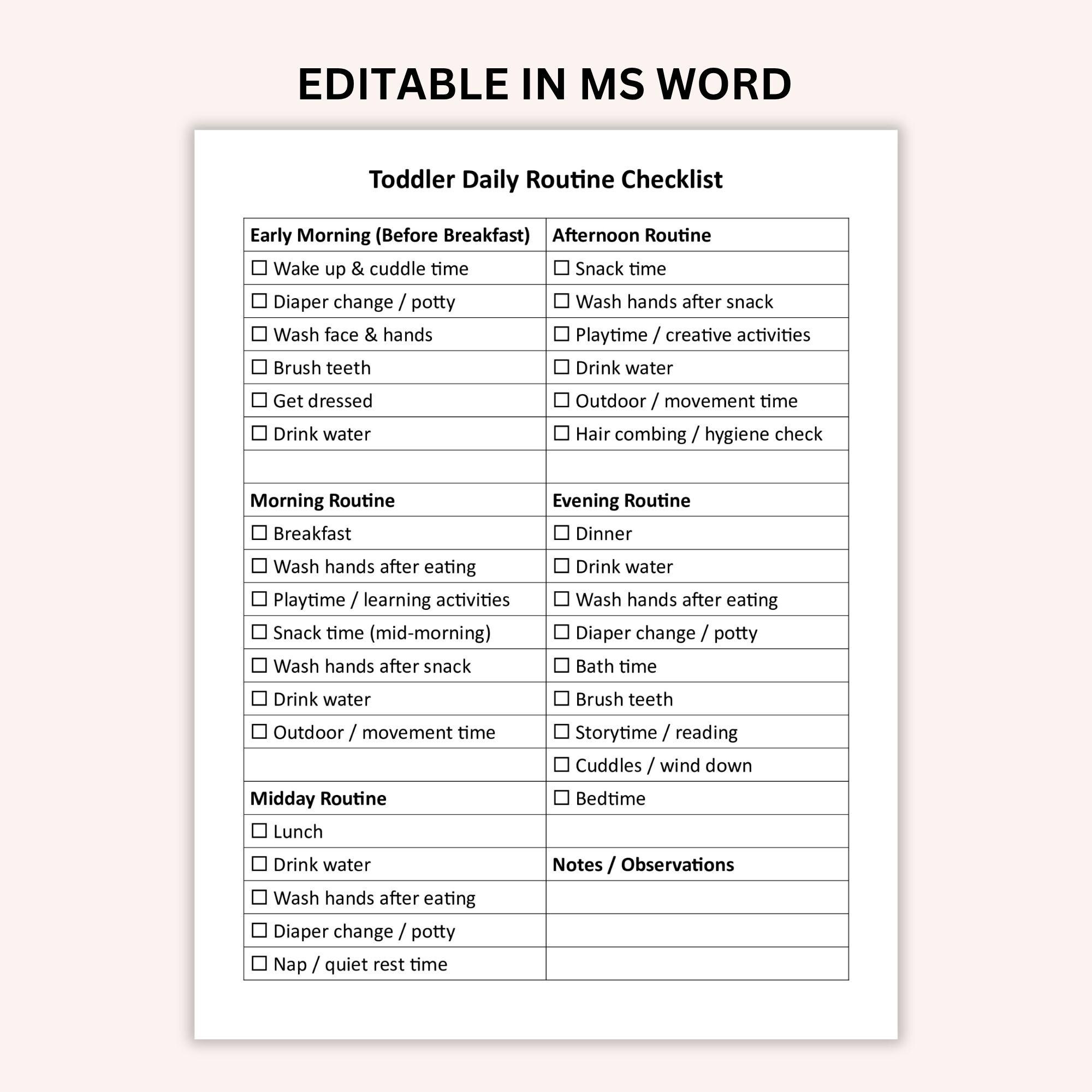 Baby Routine Letters Editable Toddler Daily Routine Checklist, Printable Kids Routine Sheet ...