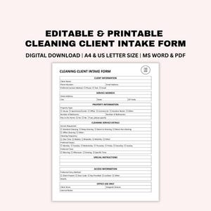 Puede incluir: Un formulario de admisión de clientes de limpieza editable e imprimible en formato A4 y carta de EE. UU. El documento incluye secciones para información del cliente, dirección de servicio, detalles de la propiedad y datos de acceso.