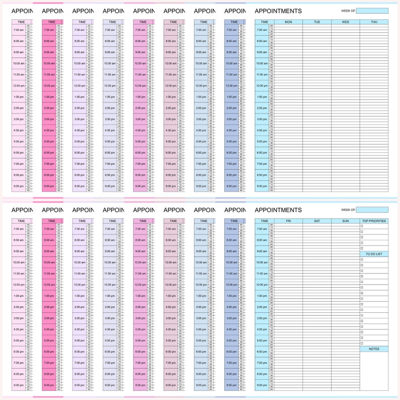 Op de afbeelding: Een weekplanner met een pastelkleurenschema. De planner heeft kolommen voor elke dag van de week, met tijdsloten van 7:00 uur 's ochtends tot 21:00 uur 's avonds. Er zijn ook secties voor afspraken, topprioriteiten, een to-dolijst en notities.