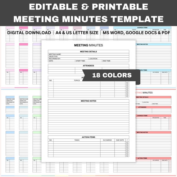 Editable Meeting Minutes Template, Printable Meeting Notes, Meeting Agenda, Business Notes, Meeting Record, Word, GDocs, PDF, A4, Letter