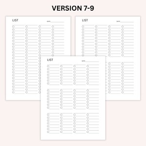 Op de afbeelding: Drie afdrukbare checklistpagina's met het woord "LIST" en "DATE" bovenaan elke pagina. Elke pagina heeft 30 lege regels met een cirkel links van elke regel.