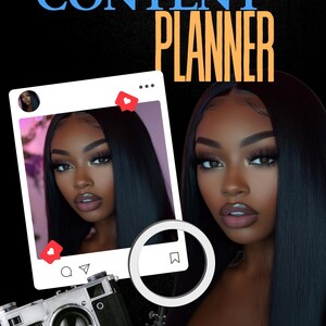 May include: Black background with the words "CONTENT PLANNER" in blue and orange. The image features a woman's portrait, a social media frame with a heart icon, a vintage camera, and a ring light on a tripod.