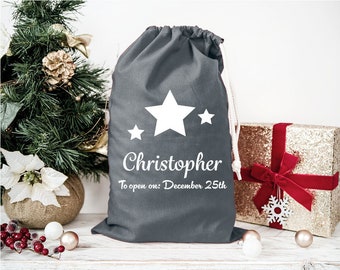 Grijze gepersonaliseerde kerstmanzak, extra grote kerstzak, kerstcadeauzakje, grijze kerstzak