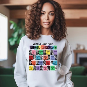 Può includere: Felpa bianca con la scritta "WHAT WE LEARN FROM BLACK HISTORY" in lettere colorate. Sotto, ritratti di personaggi storici con verbi d'azione come "LEAD", "RUN" e "DREAM".