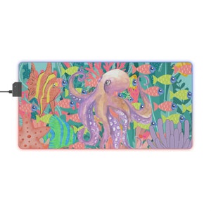 Ocean Mouse Pad | LED Gaming Mat| Beautiful Octopus Desk Mat | Gaming Desk Mat | Home Office | Squid Desk Mat | Sea Life Large Mousepad