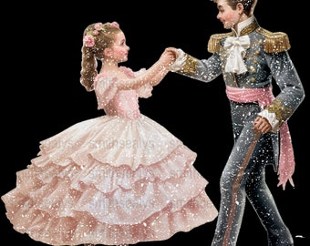 May include: A young girl in a pink and white dress dances with a young man in a grey military uniform. The girl has a flower crown in her hair and the man has a pink sash around his waist. The image is set against a black background with a snowy effect.