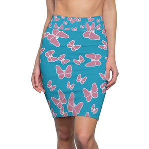 Women&#39;s Pencil Skirt (AOP), blue pencil skirt, butterfly shirt, bodycon skirt for her, office skirt, elastic high waist skirt, mini skirt