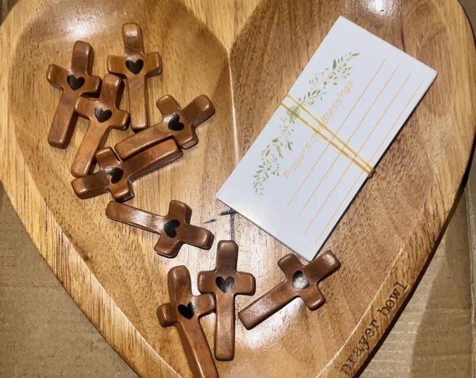 Featured listing image: Wooden Cross Prayer Bowl – Heart Shaped, Christian Home Decor