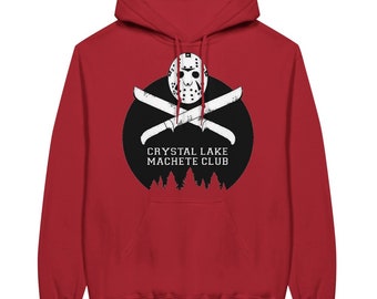 May include: Red hooded sweatshirt with a white graphic of a hockey mask, crossed machetes, and the text "Crystal Lake Machete Club".