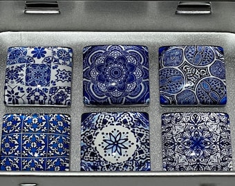 Imanes de mandala azul marino / Juego de imanes de flores de mandala / Imanes florales para nevera